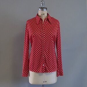 Vintage 1970s Red Polka Dot Women's Button Up Top Small